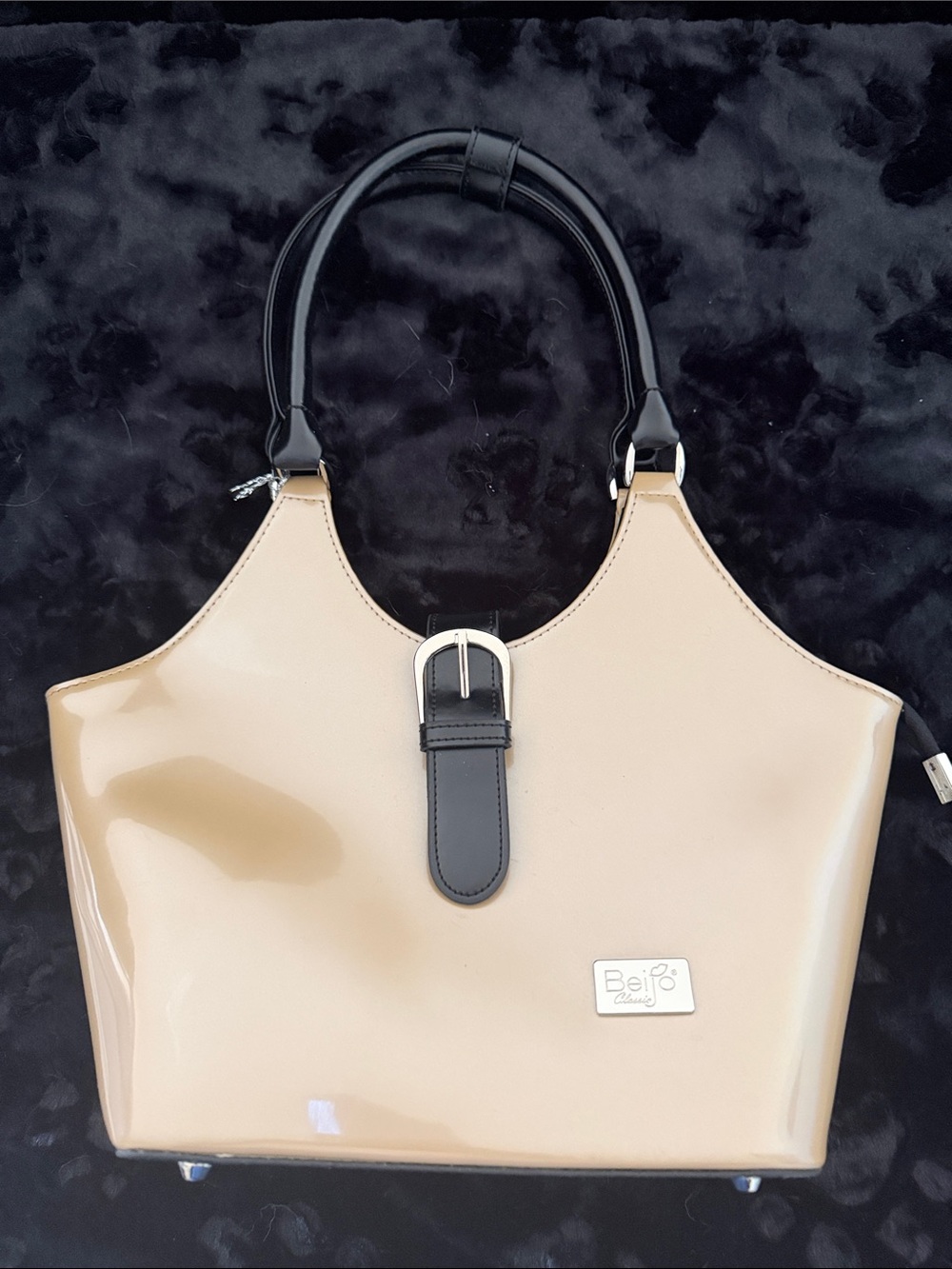 Beijo Beige Patent Tote with Black Handles